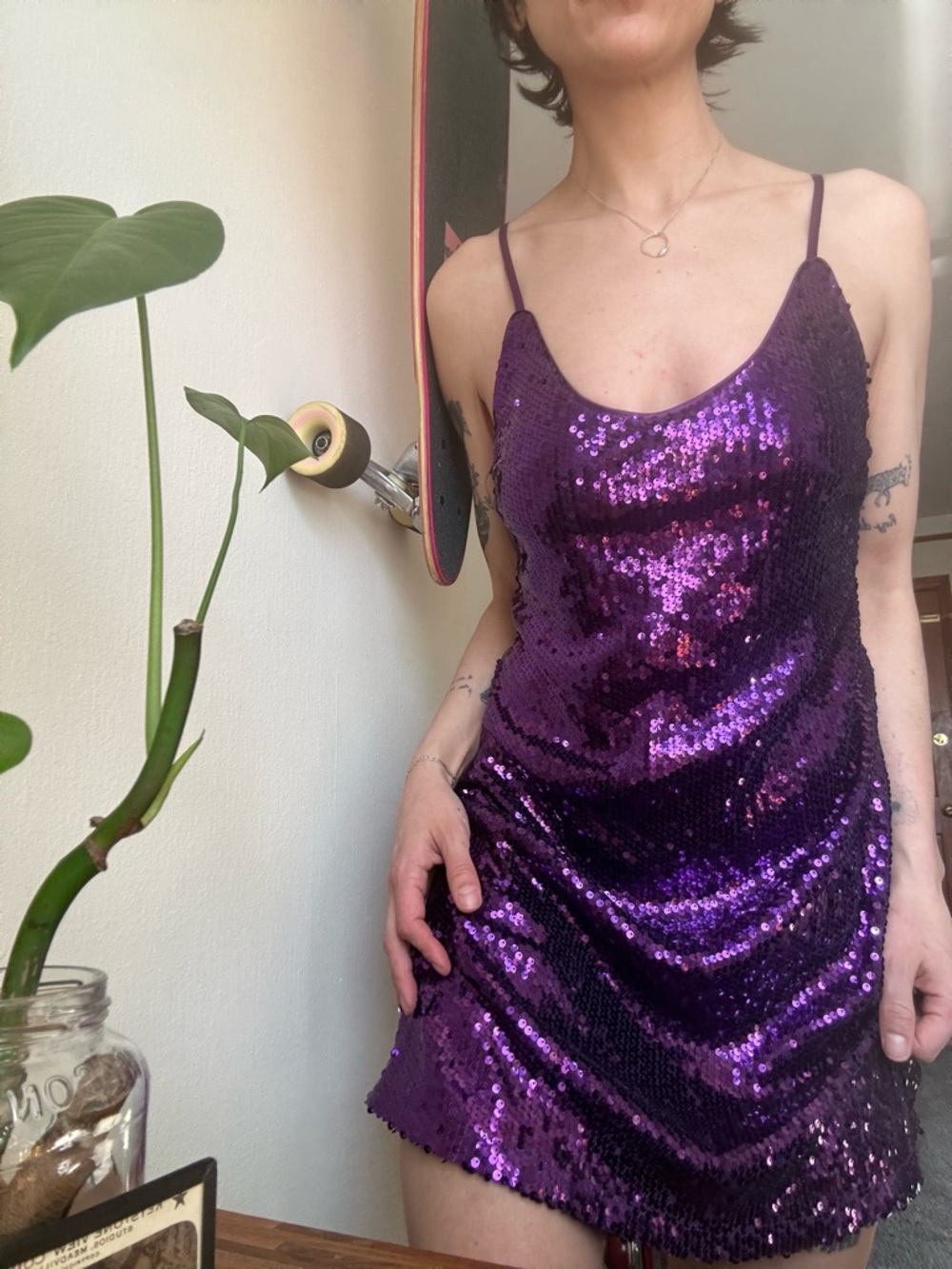 Purple Sequin Slip V Neck Mini Dress